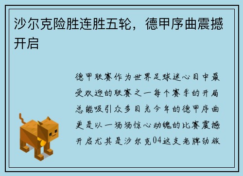 沙尔克险胜连胜五轮，德甲序曲震撼开启
