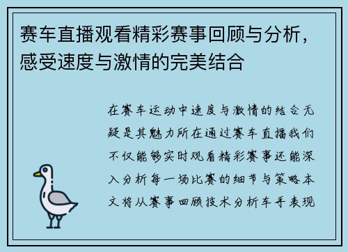 赛车直播观看精彩赛事回顾与分析，感受速度与激情的完美结合