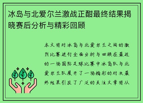 冰岛与北爱尔兰激战正酣最终结果揭晓赛后分析与精彩回顾