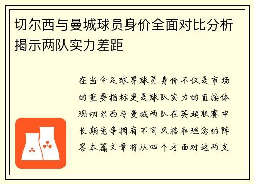 切尔西与曼城球员身价全面对比分析揭示两队实力差距